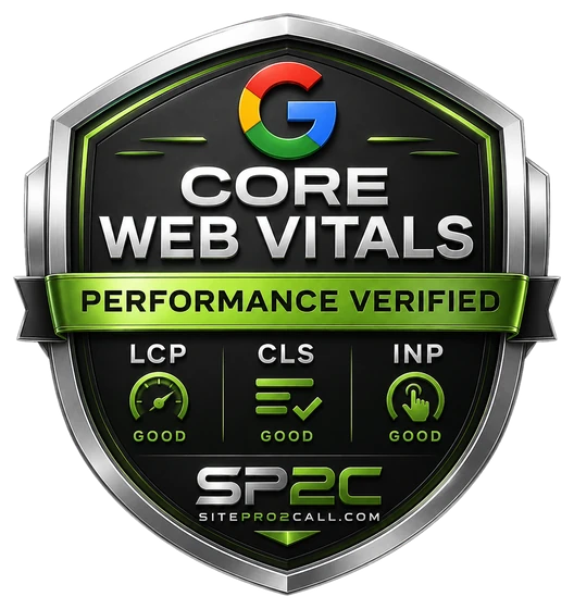 Core Web Vitals performance verified badge for Site Pro 2 Call showing LCP, CLS, and INP marked good